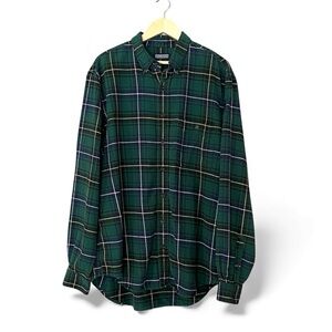 Land’s End Vintage Green Blue Plaid Flannel Men’s Button Down Shirt XL 17-17.5
